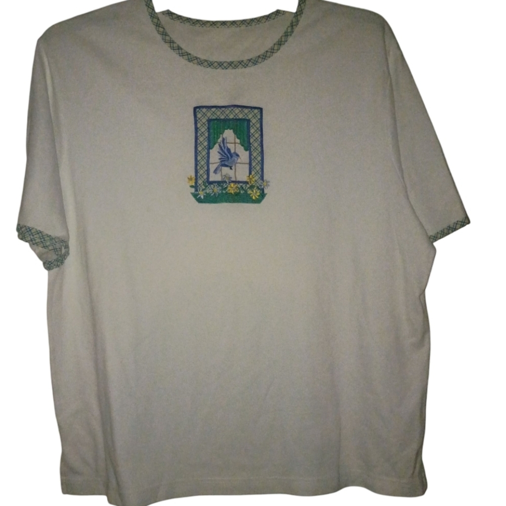 🦋Humming Bird Embroidery Cream Graphic Short Sleeve Tee Size XL